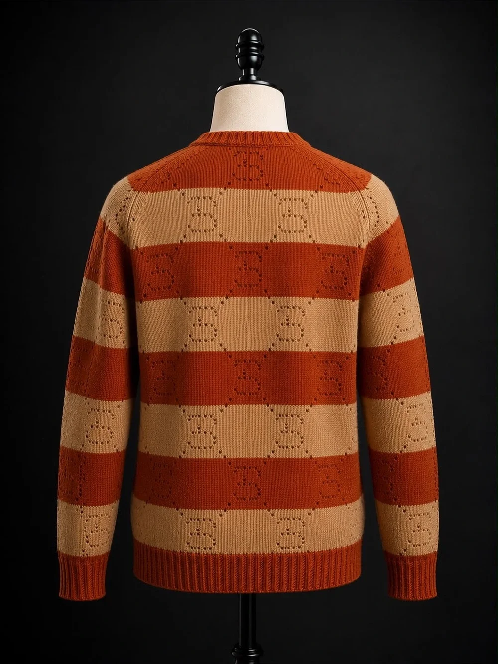Authentic Gucci 100% Wool Striped Knit Sweater | Beige & Rust | Size L | Made in